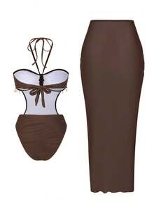 Swim Oasis Summer Fashionable High-End Elegant Special Fabric Design One-Piece Swimsuit With Beach Cover-Up - Coffee Brown - View 4