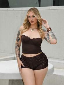 Arliah Camiseta ajustada y sexy de mujer con parches de encaje - Café integral - Ver 3