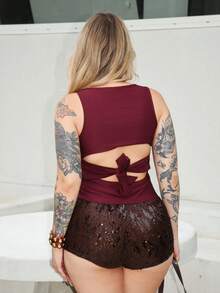 Arliah 女士通勤休闲露背蝴蝶结圆领无袖衬衫，紫色上衣 - 酒紅色 - 查看 2