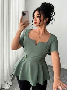 Elenzga Áo sơ mi nữ cỡ lớn thanh lịch, thường ngày, tay ngắn, cổ vuông, đa năng, màu xanh bạc hà, thích hợp cho mùa xuân/hè. - Màu xanh Ô liu - Xem 4