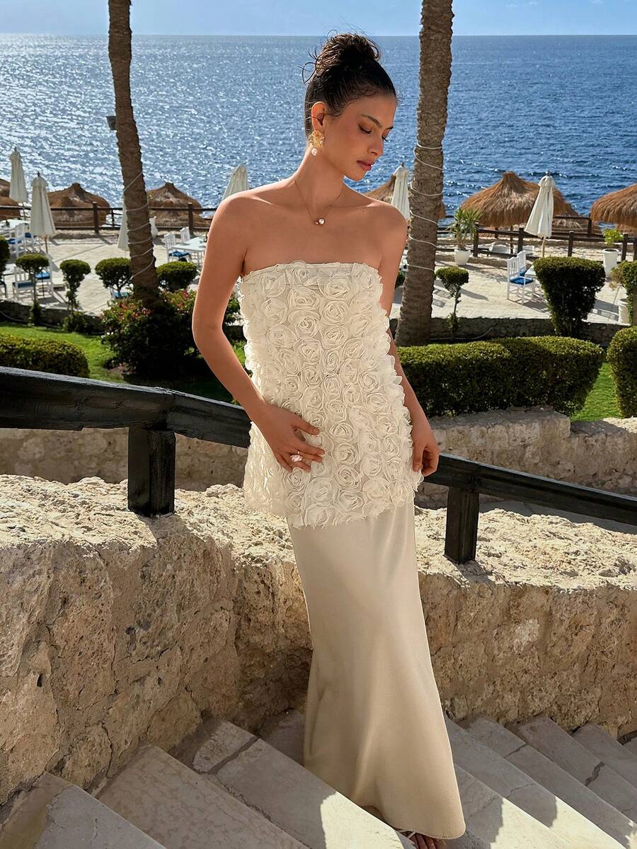 CLARA VERO Women 3D Floral Lace Bandeau Top And Mermaid Skirt 2 Pieces Set - White - View 1