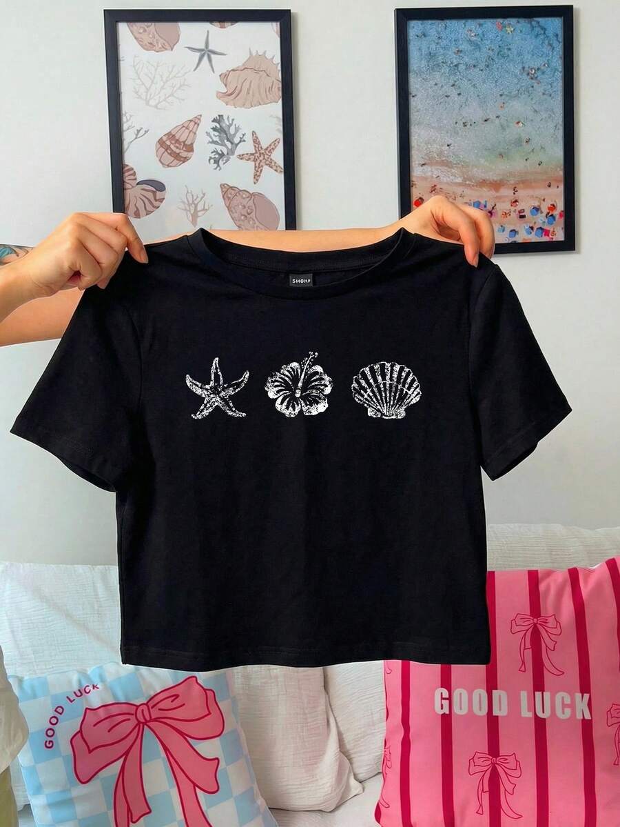 SHEIN EZwear 休闲简约海星、贝壳和花卉印花圆领短袖修身短款女式T恤，适合夏季穿着 - 黑色 - 查看 1