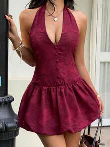 Sunnyshic Women's Casual Elegant Cutout Chiffon Texture Halter Tie Bow Hem Short Dress, Versatile For Daily Wear, Vacation, Spring/Summer - Burgundy - View 3