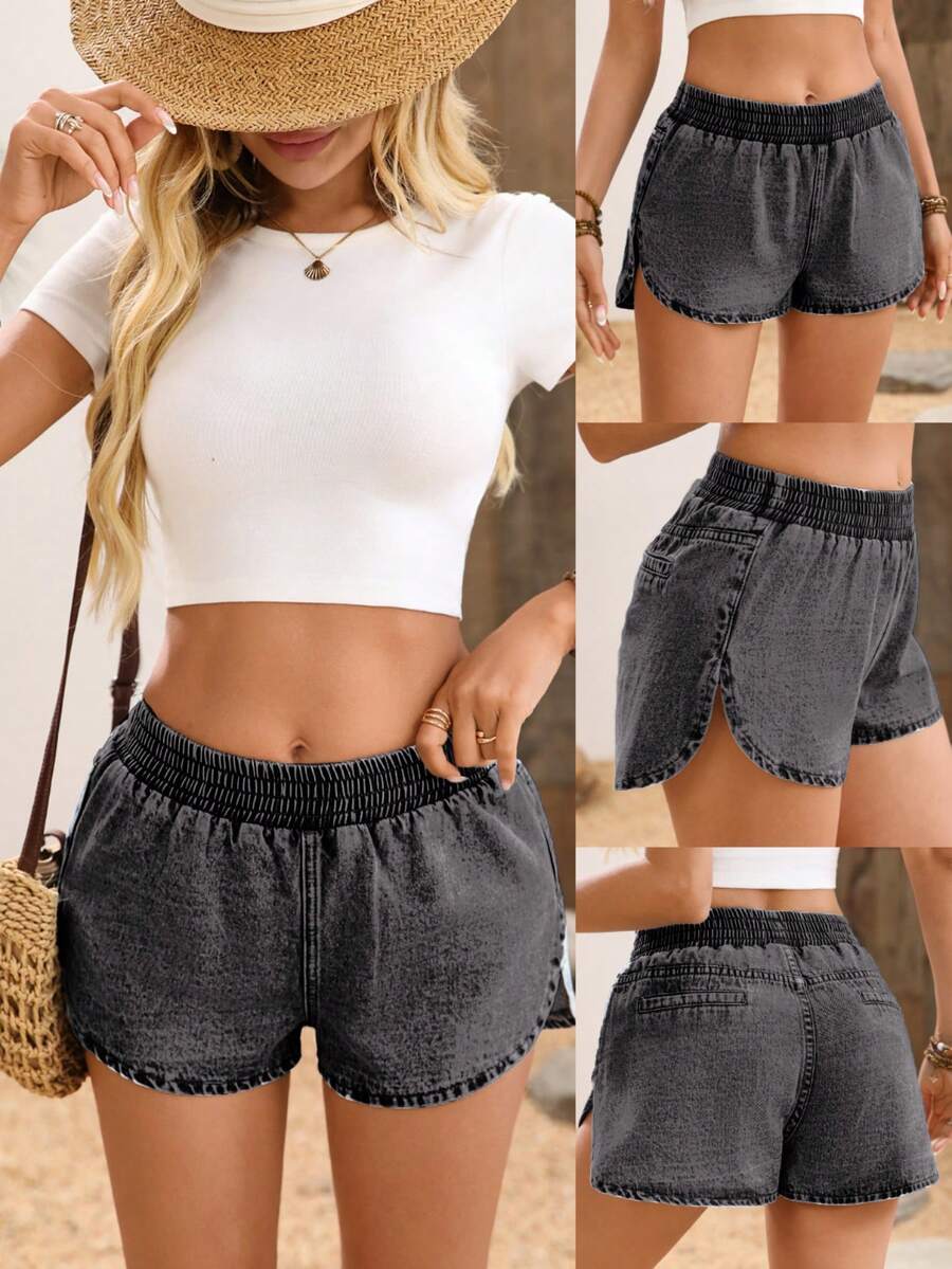 Breezaya Women's Solid Color Elastic Waist Casual Loose Summer Versatile Denim Shorts - Grey - View 1