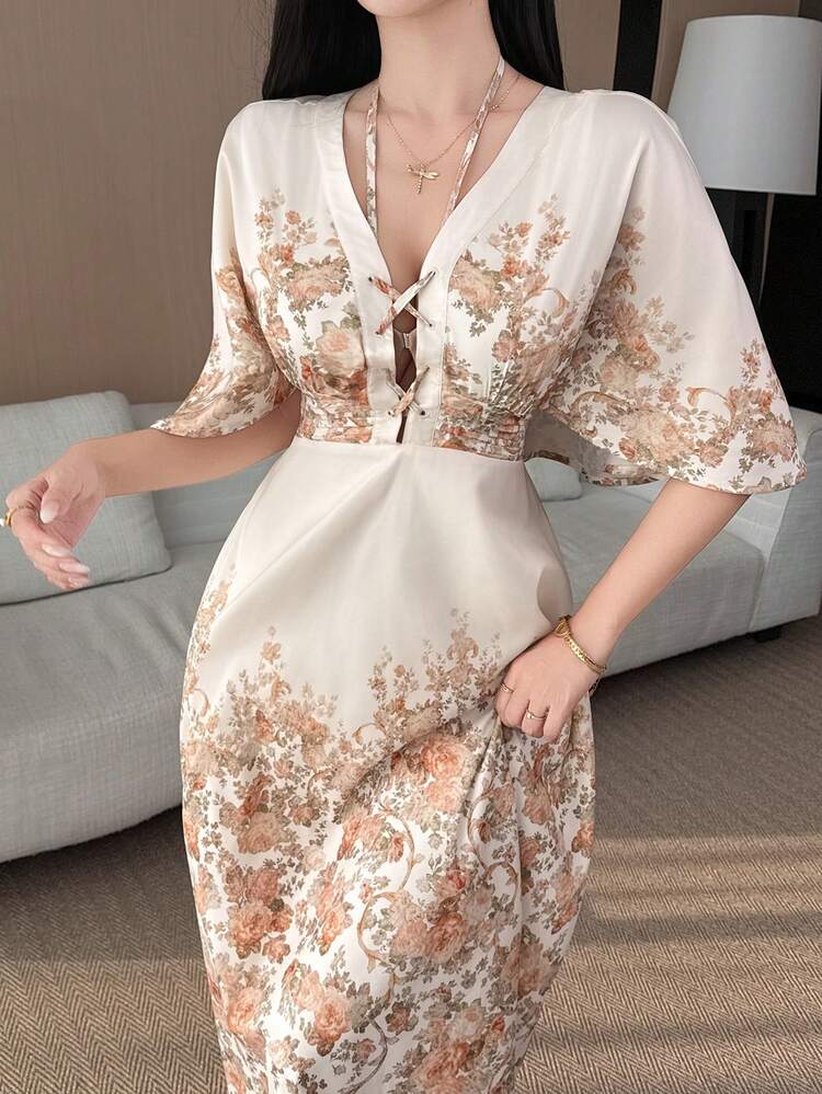 Women's Elegant Floral V-Neck Pleated Ruffle Sleeve Tie Waist Mid-Length Dress, Summer Wedding Guest Dress Maxi Dress Sundress