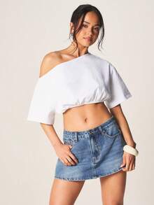 MISSGUIDED 露肩收腰短袖露脐上衣，弹性下摆，休闲纯棉T恤，春夏款 - 白色 - 查看 1