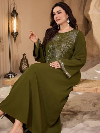 Al Najma Plus Size Elegant Loose Fit Sparkly Floral Embellished Round Neck Long Sleeve Dress, Suitable For Parties