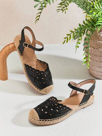 Solezae Women's Elegant Floral Cut-Out Round Toe Mary Jane Flat Espadrilles