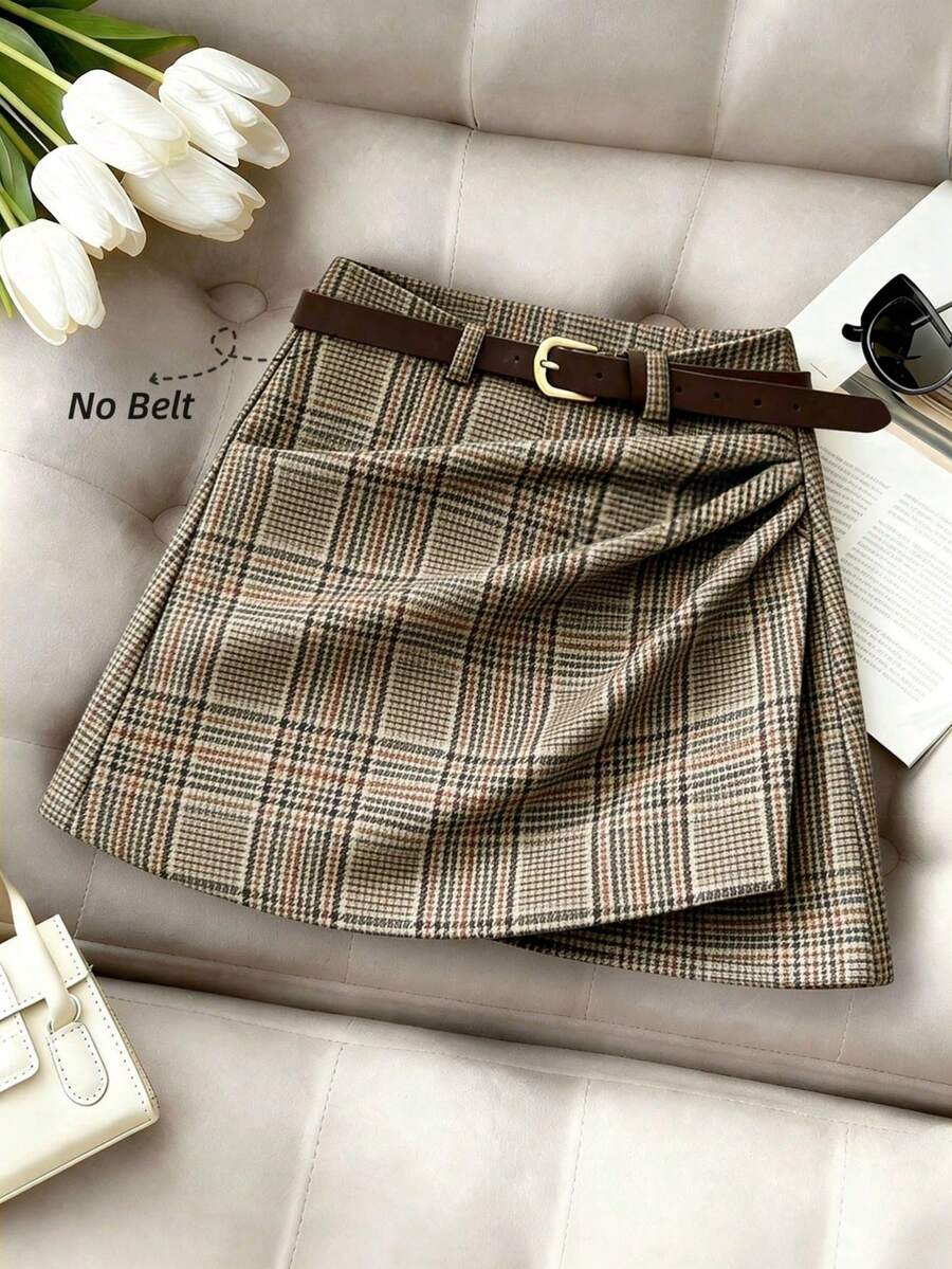 Franclia Women's Plaid Print Pleated Waist Skirt, Slimming And Elegant Style, Brown Plaid Mini Skirt.Winter Clothes For Women,Summer,Spring,Valentine's Day,Valentines Day Outfit,Carnival,Beach,Party,Birthday,Gym,Going Out,Elegant,Vacation,Casual,Y2k,Graduation Season Attire, Fashionable Casual Commuter Wear, Business Office Wear, Versatile And Stylish Everyday Casual Wear, Urban Teacher's Professional Attire - Brown - View 1