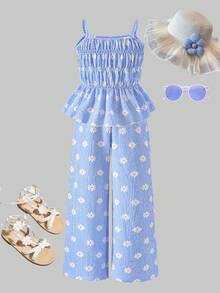 Sparklyn Girls Striped Bow Camisole Top And Straight Leg Pants Summer Vacation Outfit - Baby Blue - View 4