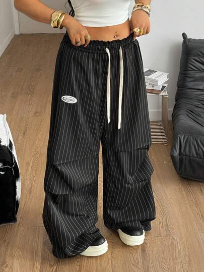 Coolane Summer Outfits Women's Plus Size , Valentine's Day  Streetwear Y2K Autumn Clothes Black  Casual Straight Leg Long Pants With Pockets Plain Wide Leg Pants Baggy Pants