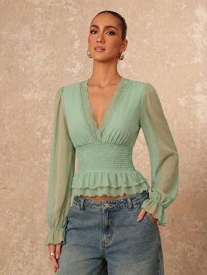 Lumalex Blusa de mujer con dobladillo de volantes, mangas abullonadas, cintura elástica y ribete de encaje