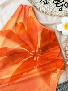 SHEIN Teen Girls' Summer Vacation Orange Floral Print Asymmetric Ruffle Hem Fitted Camisole - Orange - View 4