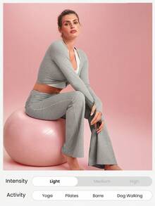 GLOWMODE 31" Softy Velvaire Dare To Flare Super Soft Pleated Foldable Waistband Flare Leggings Yoga Pilates Studio Daily Wear - Grey - View 7