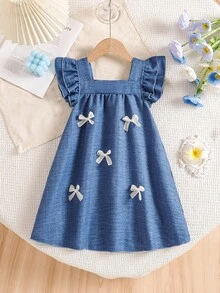 SHEIN Elladie kids 女童藏蓝色方领短袖蝴蝶结装饰宽松A字连衣裙，适合休闲、海滩、度假穿着，夏季款 - 寶藍色 - 查看 4