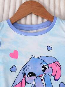 SHEIN Young Girl Knitted Cute Animal Pattern Round Neck Ruffle Hem Casual Dress Loungewear - Blue - View 6