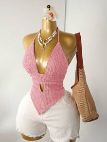 Mistrie Áo croptop mùa hè gợi cảm màu trơn khoét cổ chữ V sâu, dây buộc cổ, áo ngực màu xanh lá cây, ren, hở lưng, thắt nút. - Hồng - Xem 6
