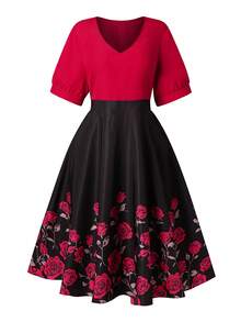 Elenzga 大码女式V领短袖夏季玫瑰印花连衣裙，大码V领拼接收腰连衣裙，大码红色拼接玫瑰印花连衣裙，适合情人节、夏季或春季穿着 - 紅色 - 查看 3