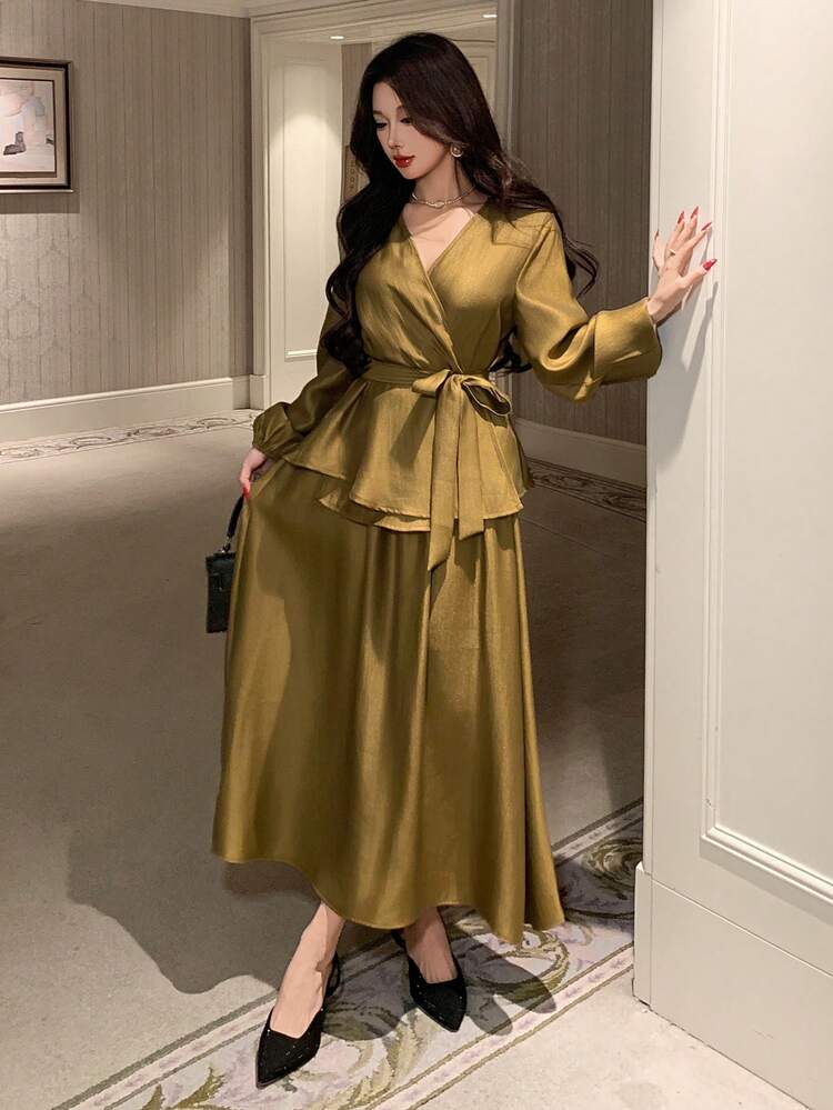 Women's Solid Color Twist Waist Design Long Sleeve Top And Skirt 2-Piece Set, Fashionable For Party And Outings