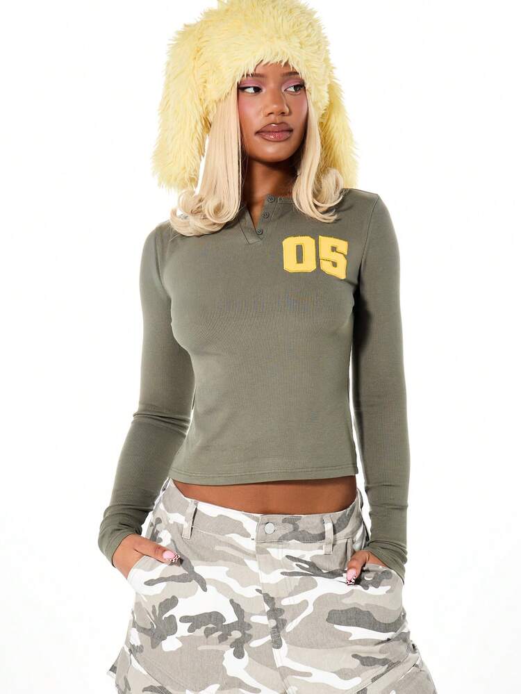 SUMWON WOMEN Women's Ribbed Long Sleeve Polo Crop Top With Plain Yellow 05 Varsity Number Patch