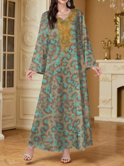 Al Najma Vintage Ditsy Floral V-Neck Long Sleeve Maxi Dress, Women's Spring/Summer Long Floral Dress, Elegant Arabic Style