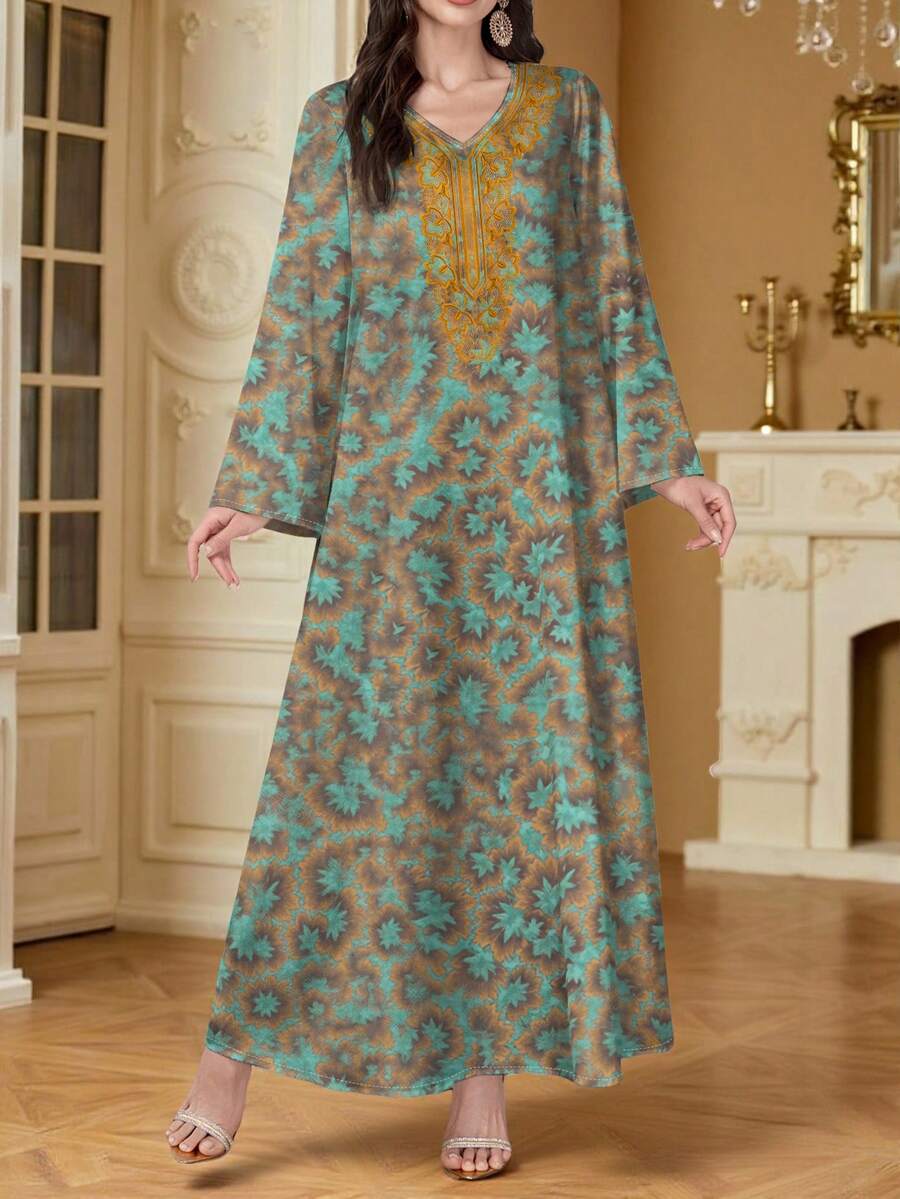 Al Najma 复古碎花V领长袖连衣裙,女士春夏长款碎花连衣裙,优雅阿拉伯风格 - 彩色 - 查看 1