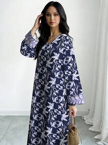 SHEIN Najma Đầm maxi dài tay cổ chữ V họa tiết hoa nhí màu tím, đầm dài hoa mùa xuân/hè dành cho nữ, phong cách Ả Rập thanh lịch. - Nhiều màu - Xem 5