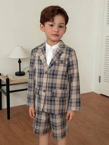 DAZY 男童绅士格子印花单排扣西装外套和短裤 - 卡其色 - 查看 2