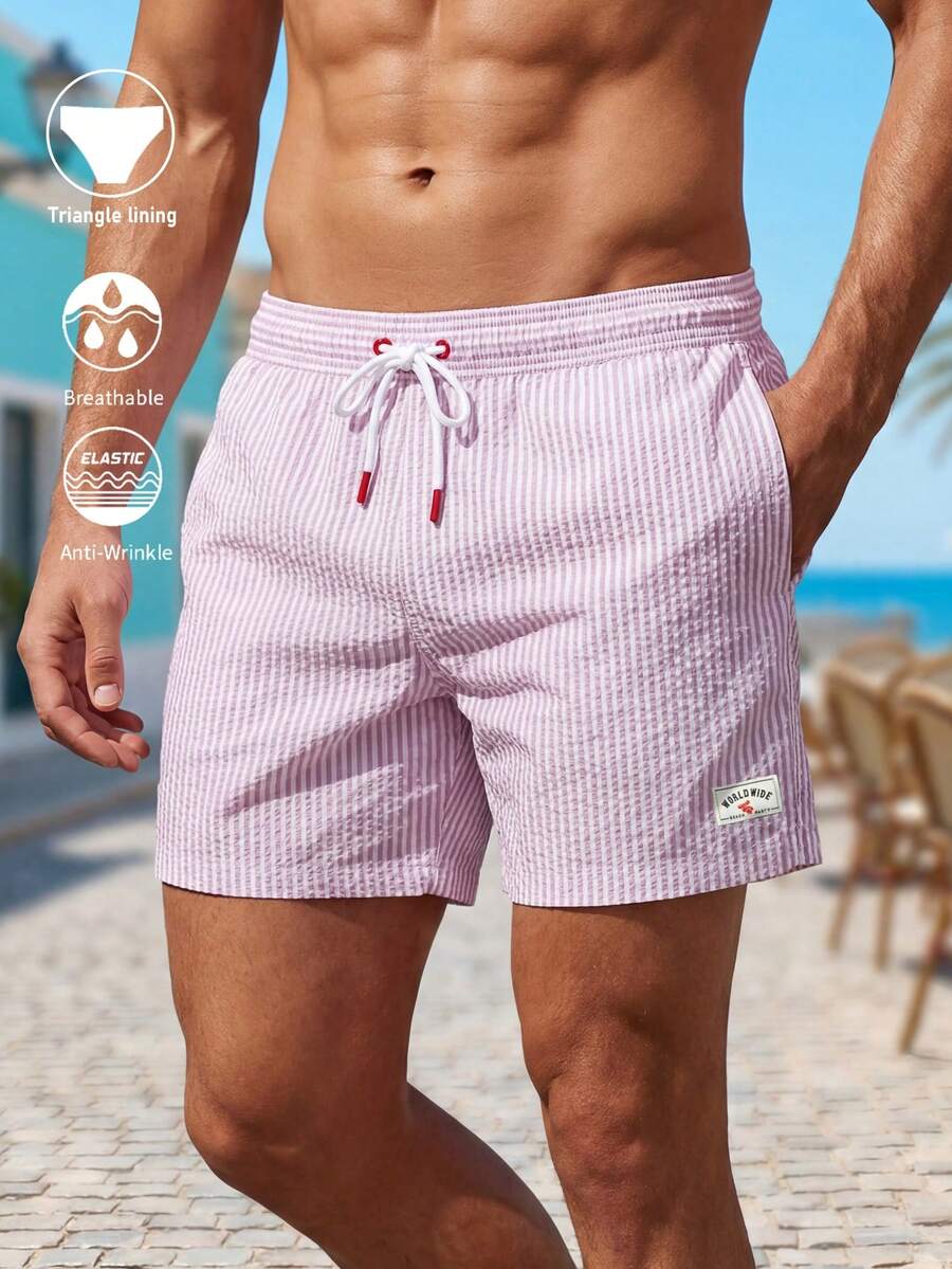 Surfspeed Men's Casual Striped Print Beach Shorts - Apricot - View 1