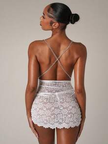 SHEIN BAE 2pcs Wedding Lace Wireless Sexy Nightgown Babydoll Set For Women Bridallingerie - White - View 6