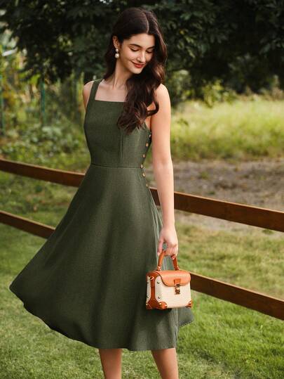 Vintamour 复古优雅女士连衣裙，带口袋和纽扣，休闲度假夏季女装，浪漫连衣裙，夏季连衣裙，沙滩装，90年代风格女装，优雅夏季服装，春季女装，春季连衣裙，夏季度假连衣裙，沙滩裙，太阳裙，蓝色连衣裙，复活节连衣裙，夏季女装，绿色连衣裙