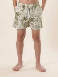 SUMWON 男童热带棕榈树菠萝印花泳裤，带抽绳腰带和侧袋，夏季海滩度假泳装 - 卡其色 - 查看 1