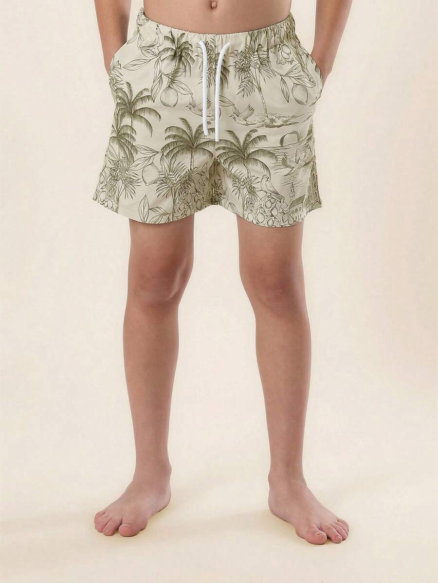 SUMWON 男童热带棕榈树菠萝印花泳裤，带抽绳腰带和侧袋，夏季海滩度假泳装 - 卡其色 - 查看 1