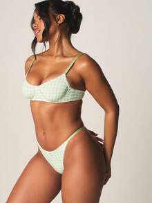 MISSGUIDED Gingham Print Push Up Bra And Thong Set With White Lace Trim Underwire Padded Lingerie For Intimate Occasions Balconette Style Undergarments - Green - View 5