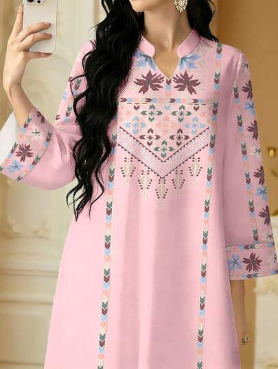 SHEIN Najma Bata elegante de manga larga con estampado floral digital y cuello alto para mujer, primavera/otoño