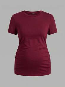Modmama Maternity Casual Solid Color Elastic Round Neck Short Sleeve T-Shirt, Summer - Multicolor - View 9