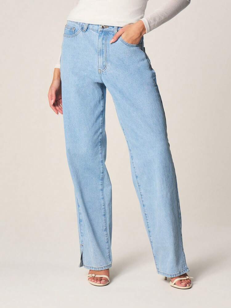 MISSGUIDED Light Blue Denim Straight Leg Jeans With Split Hem Cuffs High Waisted Classic 5 Pocket Casual Relaxed Fit