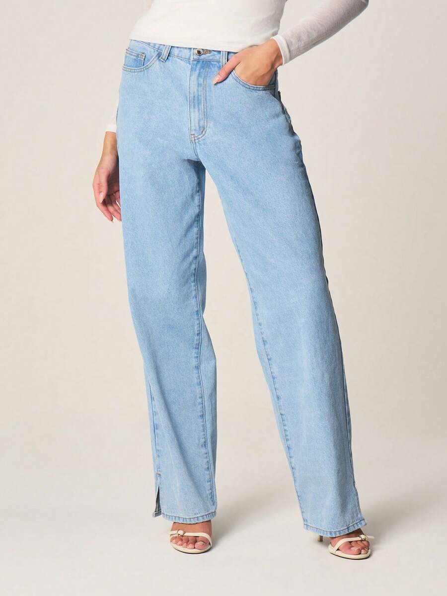 MISSGUIDED Light Blue Denim Straight Leg Jeans With Split Hem Cuffs High Waisted Classic 5 Pocket Casual Relaxed Fit - Blue - View 1
