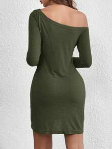 SHEIN Essnce Women's Solid Color Minimalist Oblique Shoulder Long Sleeve Dress, Casual Daily Wear - Army Green - View 2