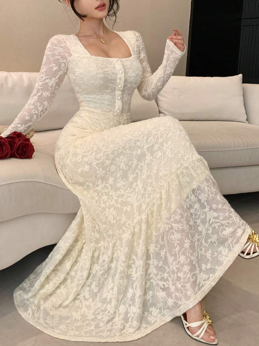 DAZY 春夏白色蕾丝连衣裙，优雅迷人，适合情人节、婚礼、派对、宴会、时尚活动等场合，修身剪裁，透视网纱，鱼尾下摆，长袖中长连衣裙，女士吊带裙 - 杏色 - 查看 1