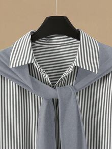 Franclia 2pcs/Set Women's Striped Shawl Collar Shirt And High Waist Wide Leg Pants, Spring/Autumn,Women Dark Grey Casual Striped Long Sleeve Blouse And Long Pants Two-Piece Set With Collar. - Dark Grey - View 5