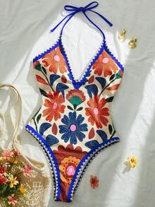 Florisole Áo tắm liền thân cổ yếm in hoa dành cho nữ, thích hợp cho kỳ nghỉ hè trên bãi biển. - Nhiều màu - Xem 3