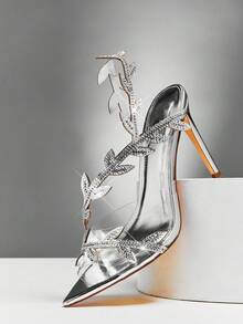 SHUZIA 魅力女士银色镜面漆皮露趾性感高跟凉鞋，月桂色水钻细高跟踝带，适合舞蹈、假日派对、春夏度假等场合。 - 銀色 - 查看 5