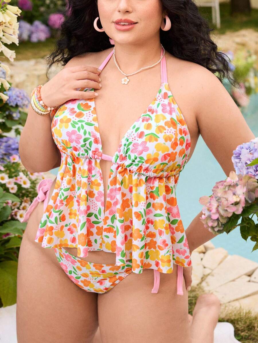 Swim Mod 大码女士印花性感挂脖式比基尼泳衣套装，沙滩度假 - 彩色 - 查看 1