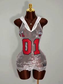 Amplova Women's Hooded Numeric & Letter Print Lace Patchwork Sexy Mini Party Dress - White - View 3