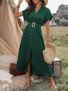 EMERY ROSE Women's V-Neck Button Detail Slit Dress Maxi Women Outfit - Dark Green - View 7