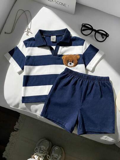 SHEIN LMoss Kids 2pcs Baby Boy Casual Striped Polo Shirt & White Shorts Set, Versatile Outfit Suitable For Birthday Party, Evening Event, Performance, Wedding, Baby Shower, 1st Birthday Celebration Baby Boy Summer Outfit Baby Boys Polo Shirt Shorts Set Baby Boys Cute Bear Outfit Boys Clothes Two Piece Set Striped Shorts Set