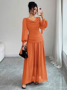 Elenzga Đầm chiffon thanh lịch dành cho nữ, cổ bèo nhún, tay phồng, thiết kế thắt eo, thích hợp cho các dịp trang trọng như tiệc cocktail, đám cưới, lễ tốt nghiệp, Halloween, Giáng sinh, Quốc khánh, Năm mới, màu nâu. - trái cam - Xem 4