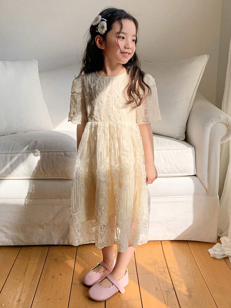 Young Girl Summer New Princess Cute Fashion Elegant Round Neck Embroidered Dress