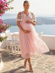 Loomaby Elegant Floral Embroidery Patchwork Baby Pink Maternity Dress For Baby Shower,Pregnant Women Summer Spring Break Outfits,Gender Reveal Party Dress - Pink - View 6